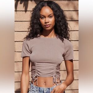 Lulus Cinch Me Tan Drawstring Ruched Short Sleeve Sweater Top